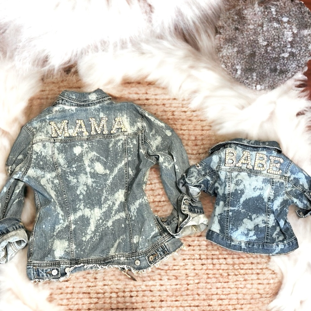 Custom boutique Mama & Babe denim jackets